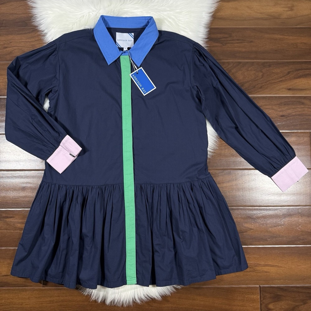 Addison‎ Bay Women's Size Medium Navy Blue Collared Poplin Lane Shirt Dress